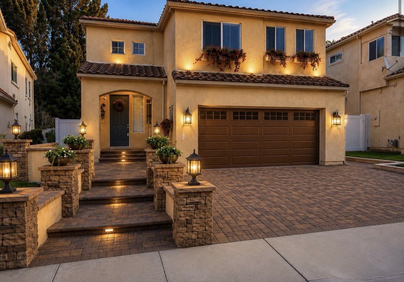 Beautiful paver driveway with accent lighting