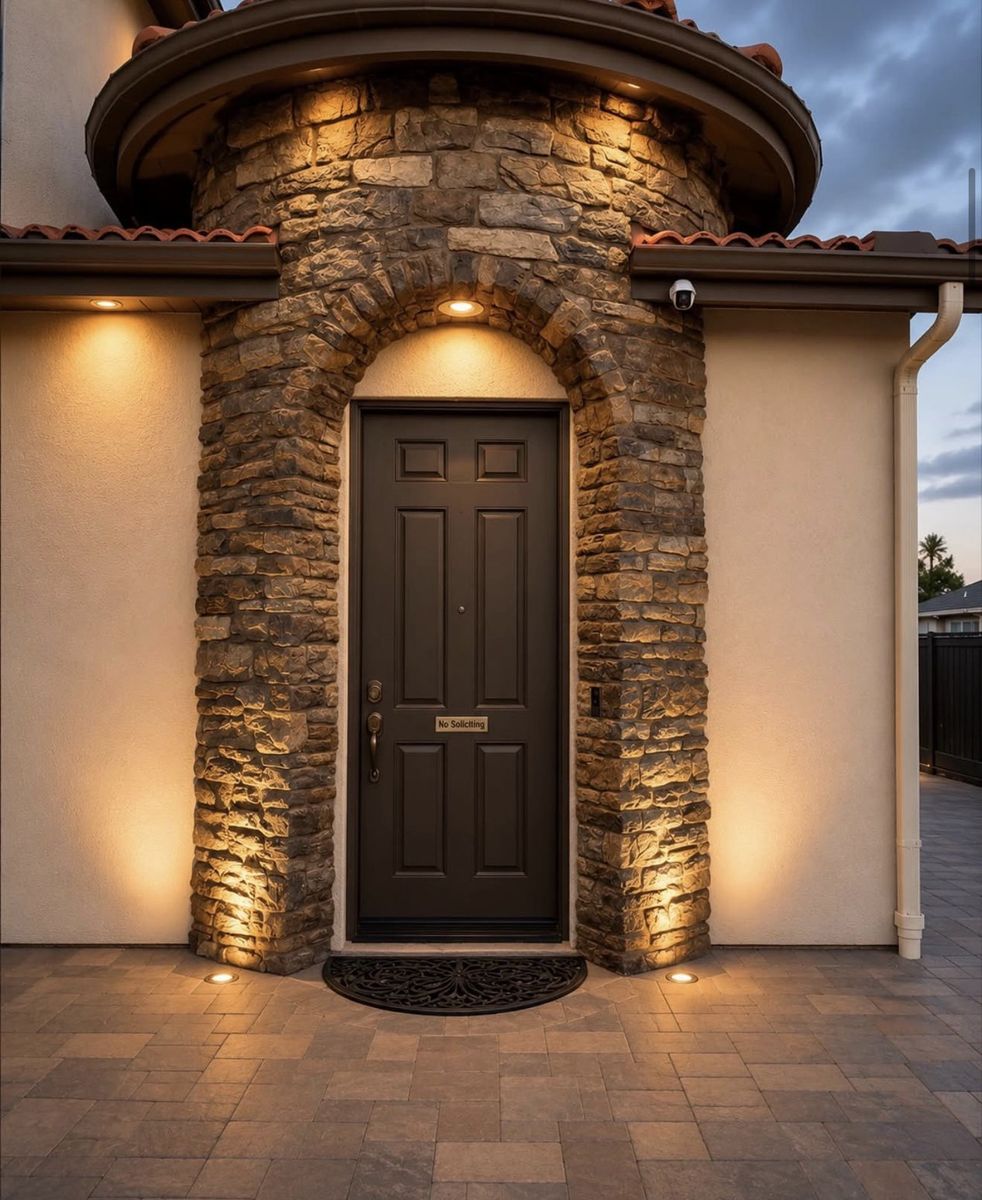 Stone entry arch with subtle uplights