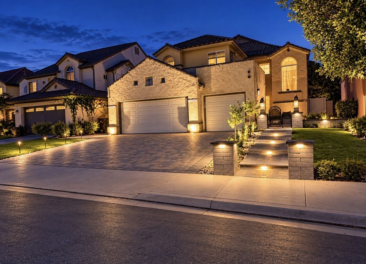 Two-story home at dusk with a paver driveway, lit stone pillars and illuminated paver steps