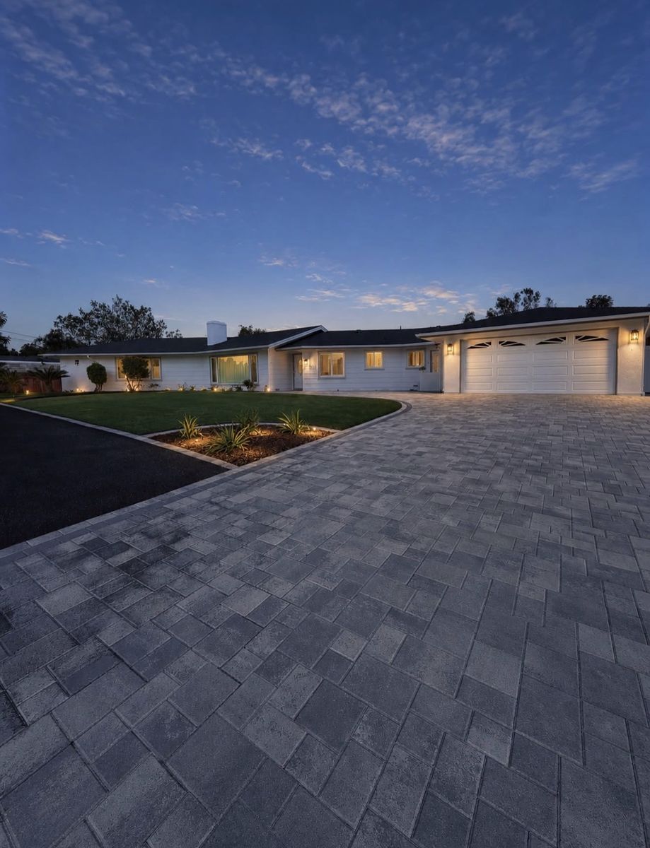 Single-story white ranch home at dusk with a large gray paver driveway, lit planter and lawn